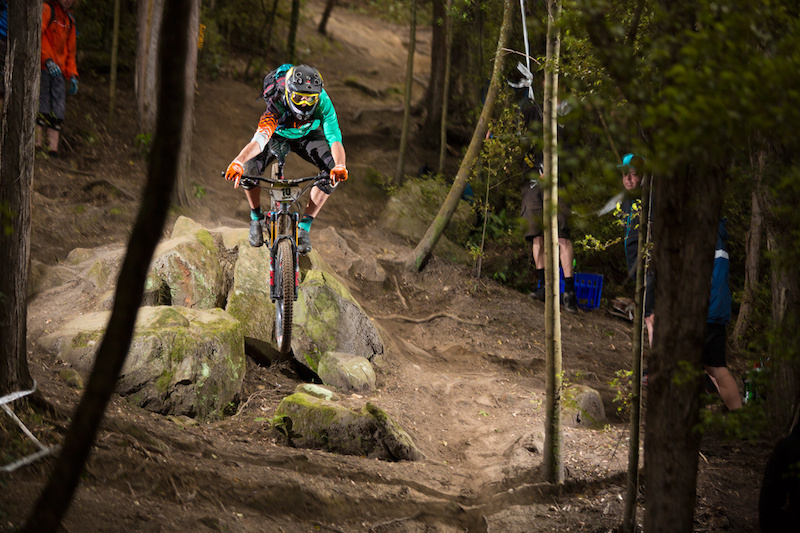 Michael Cowlin launches the rockpile during stage four of at the Urge 3 Peaks Enduro mountain bike race held in Dunedin, New Zealand, December 6-7, 2014.