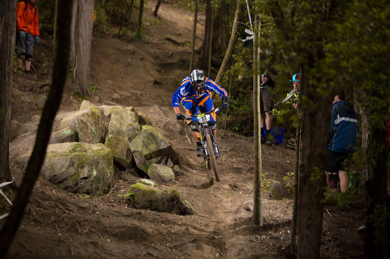 James Hampton launches past the rockpile during stage four of at the Urge 3 Peaks Enduro mountain bike race held in Dunedin, New Zealand, December 6-7, 2014.