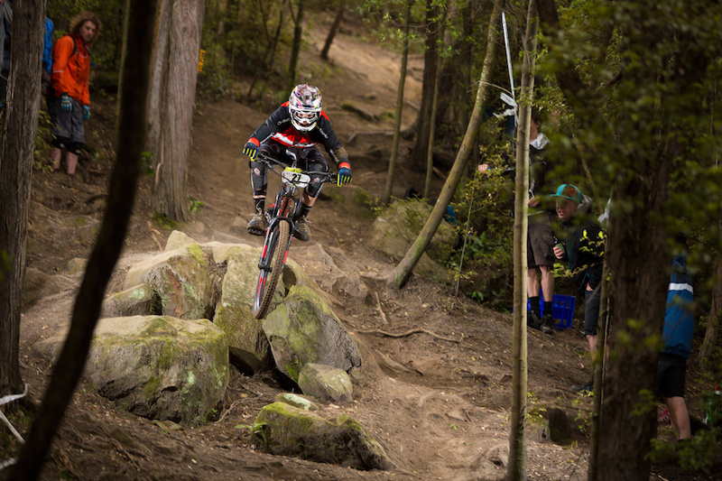 Zac Williams launches the rockpile during stage four of at the Urge 3 Peaks Enduro mountain bike race held in Dunedin, New Zealand, December 6-7, 2014.