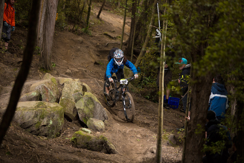 Lisa Horlor rides around the rockpile during stage four of at the Urge 3 Peaks Enduro mountain bike race held in Dunedin, New Zealand, December 6-7, 2014.
