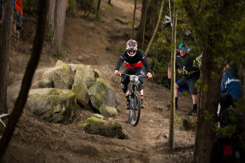 Leighton Kirk launches the rockpile during stage four of the Urge 3 Peaks Enduro mountain bike race held in Dunedin, New Zealand, December 6-7, 2014.