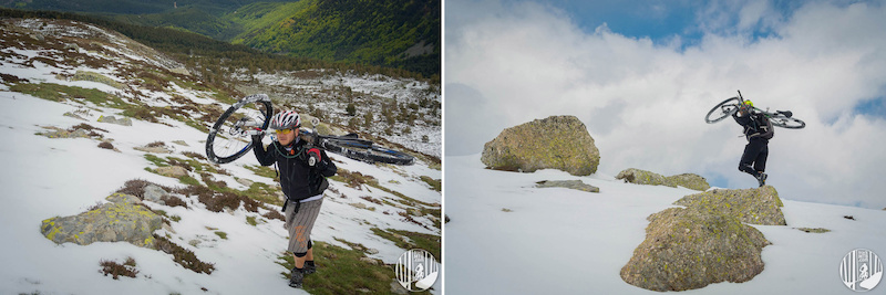Hiking the bikes to reach Pico Urbion.
