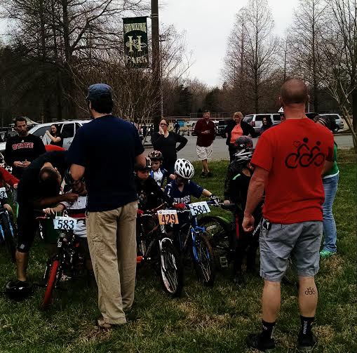 Mr. Mike &amp; my hero, my Dad...instructing the kids in MTB etiquette and what to look for... see my dad rockin' his  #Pinkbike socks &amp; always advertising his nonprofit, #BikinDadsAdventures