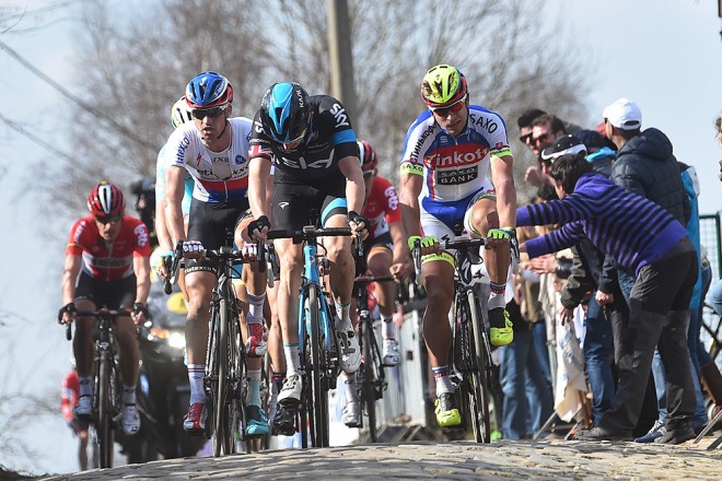 As one of the race's heavy favorites, Geraint Thomas (Sky) was closely marked. When he went to chase Terpstra and Kristoff, Peter Sagan (Tinkoff-Saxo), and Zdenek Stybar (Etixx-Quick-Step) jumped right on his wheel. Photo: Tim De Waele | TDWsport.com
Read more at http://velonews.competitor.com/2015/04/news/road/gallery-2015-ronde-van-vlaanderen_365506#qKKWzRJk85cHk6or.99