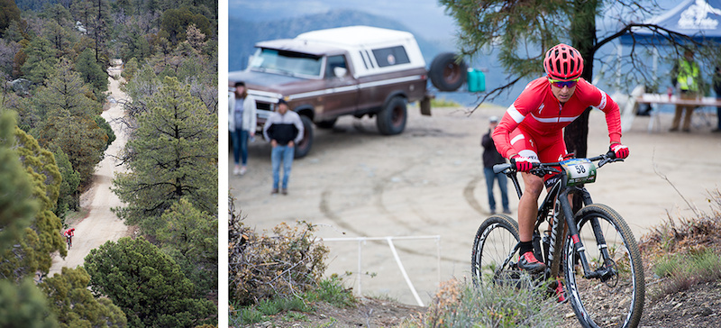 Left Howard Grotts shoulder checks looking to see if there s anyone in sight. Right As he entered the singletrack he was all by himself not another rider as far as you could see.
