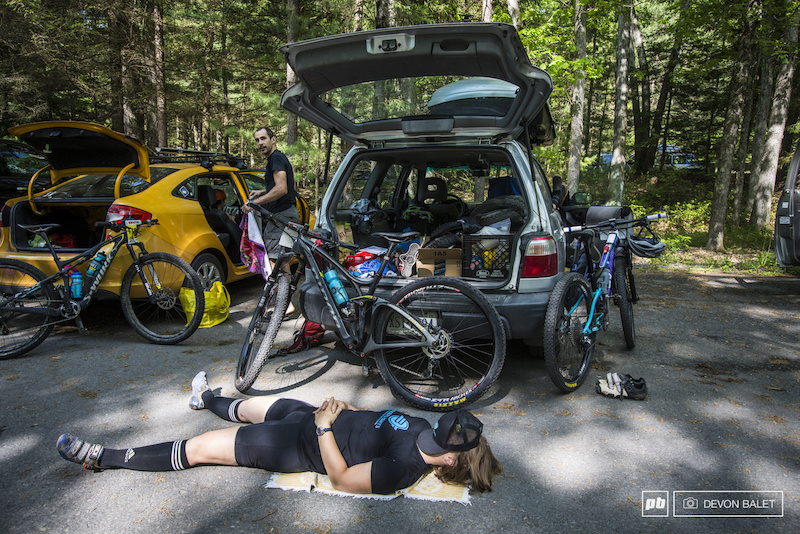 With a mellow start to day five many racers took advantage and caught some extra zzz s before the day s race. Sue George doesn t need much to get comfortable. It is probably because she is crushing behind the computer writing and editing the day s events after riding it all.