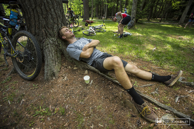 Moto supoort and TSE 3-day racer Gunner Bergey catches a quick cat nap after today s racing.