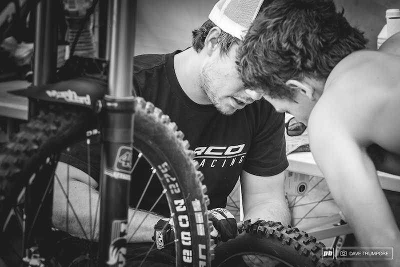 When fractions of a second matter no detail is left to chance.  Here Same Blenkinsop and his mechanic chat about tire cuts in an effort to  balance the fine line of grip and rolling resistance