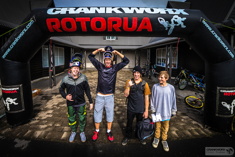 Martin Soderstrom Anton Thelander and Tyler McCaul pose with a young fan looking for autographs. Photo by clint trahan Crankworx