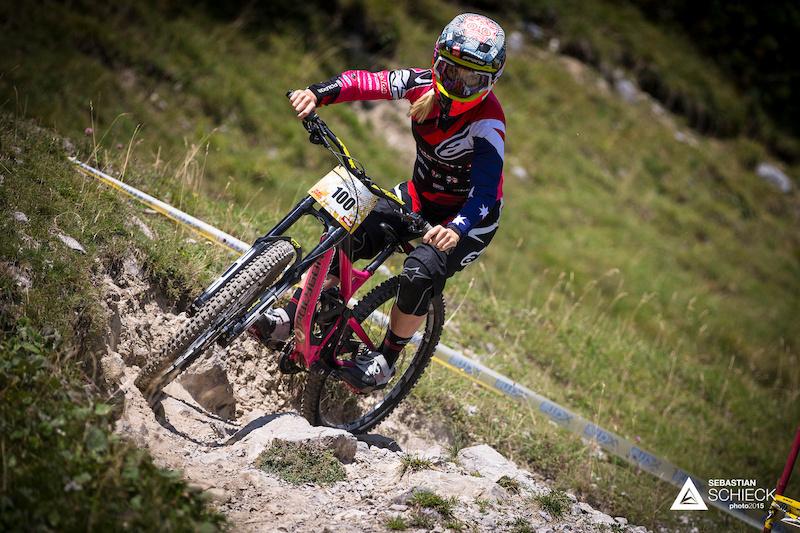 Tracy Hannah of Australia during training for the Nordkette Singletrail during the Nordkette Downhill.PRO in Innsbruck Austria on August 29 2015. Free image for editorial usage only Photo by Sebastian Schieck.