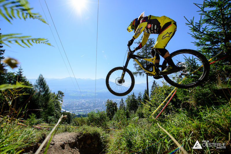 The lower part of the trail sees a lot more jumps and berms here s Remy MORTON AUS enjoying a bit of air time.