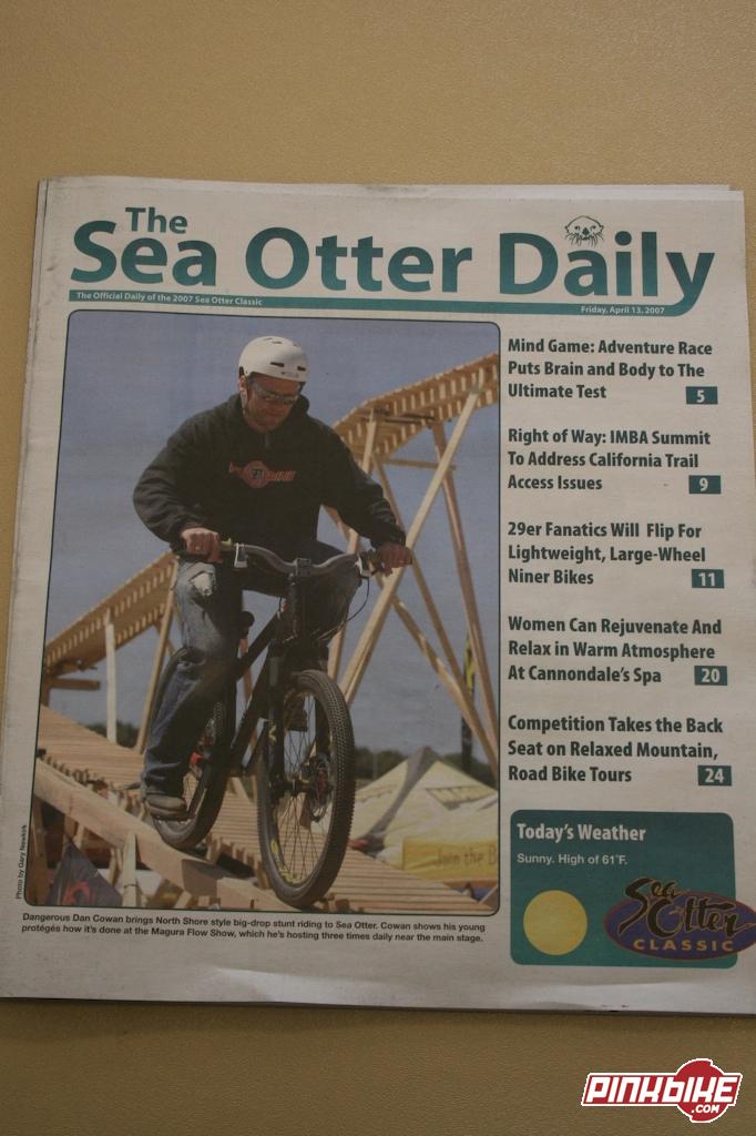 Danger Dan on the cover of the local paper, wearing his Pinkbike.com hoodie