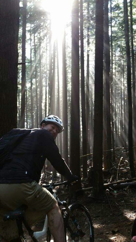 Rainy , Foggy morning ride at the start but the Sun finally came out &amp; look ed cool shining through the trees