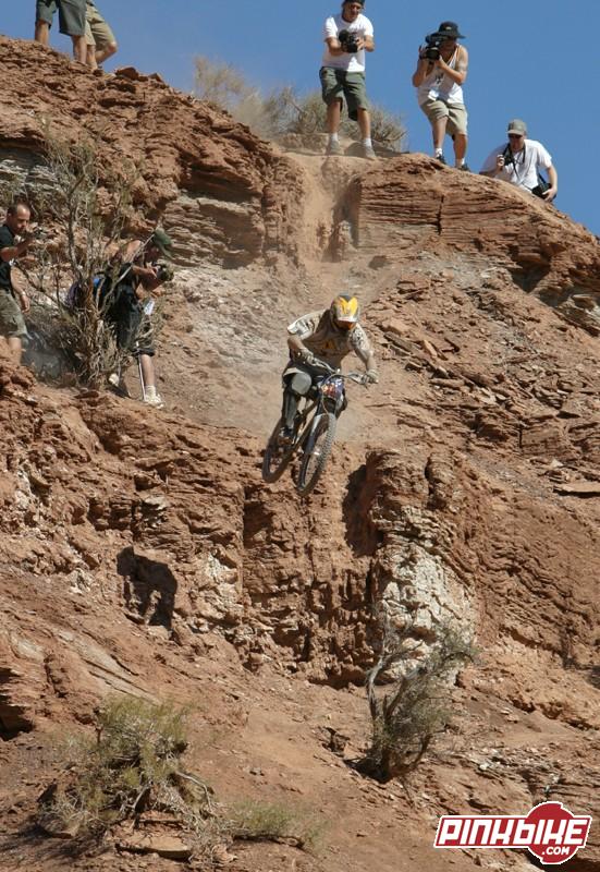 Russ riding his line on his hardtail, qualifying day, Red Bull Rampage 2003.
