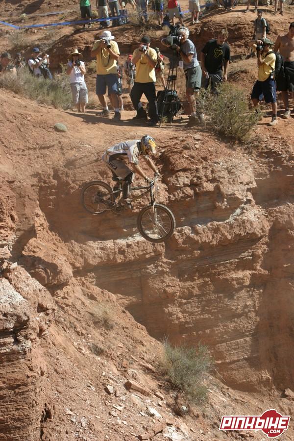 Russ riding his line on his hardtail, qualifying day, Red Bull Rampage 2003.