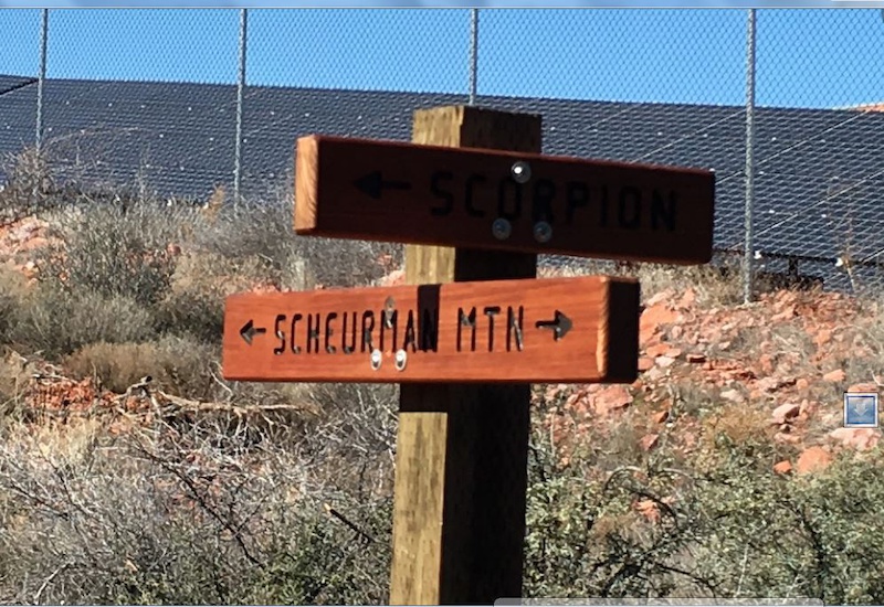 This is the trail signage at the starting point of Scorpion at the north end of the trail. As you can see there is a large bank of solar panels close to this starting point.