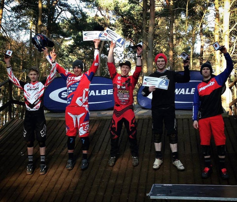 Elite men podium from round 1 of the Schwalbe British 4X Series. Team rider Connor Hudson with the win