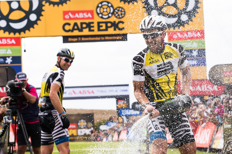 Karl Platt of Germany (Bulls)  and Urs Huber of Switzerland (Bulls)  celebrating their overall win of this years race as they cross the finish line, during the final stage (stage 7) of the 2016 Absa Cape Epic Mountain Bike stage race from Boschendal in Stellenbosch to Meerendal Wine Estate in Durbanville, South Africa on the 20th March 2016

Photo by Emma Hill/Cape Epic/SPORTZPICS

PLEASE ENSURE THE APPROPRIATE CREDIT IS GIVEN TO THE PHOTOGRAPHER AND SPORTZPICS ALONG WITH THE ABSA CAPE EPIC

ace2016