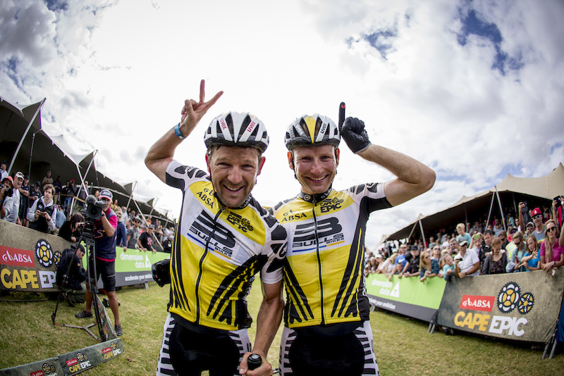 Karl Platt and Urs Huber of Team Bulls 1 celebrate at the finnishof  the final stage (stage 7) of the 2016 Absa Cape Epic Mountain Bike stage race from Boschendal in Stellenbosch to Meerendal Wine Estate in Durbanville, South Africa on the 20th March 2016

Photo by Nick Muzik/Cape Epic/SPORTZPICS

PLEASE ENSURE THE APPROPRIATE CREDIT IS GIVEN TO THE PHOTOGRAPHER AND SPORTZPICS ALONG WITH THE ABSA CAPE EPIC

ace2016
