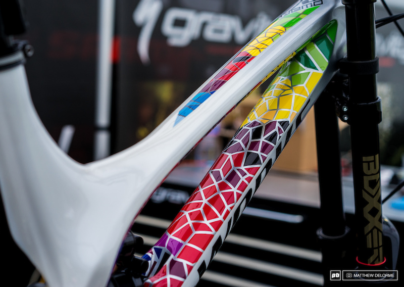 Loic Bruni's bike has a fresh new take on the rainbow stripes. Looks a bit like a stained glass window.