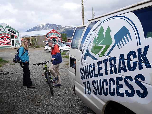 CBC producer David Micheal Lamb chats with Singletrack to Success founder Jane Koepke in the Carcross Commons.