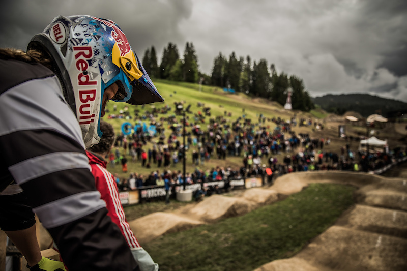 Jill Kintner at the start gate. Les Gets Pump Track presented by RockShox. Photo by Sean St. Denis