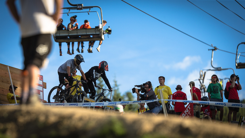 Ryan Howard left vs Bas Van Steenbergen Right during the CLIF Bar Dual Speed amp Style at Crankworx Whistler. Photo by Clint Trahan.