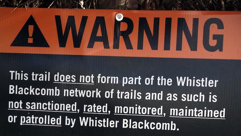 Trail warning sign used by Whistler Blackcomb.  Placed on Blackcomb at the head of the "Out of the Dust" trail