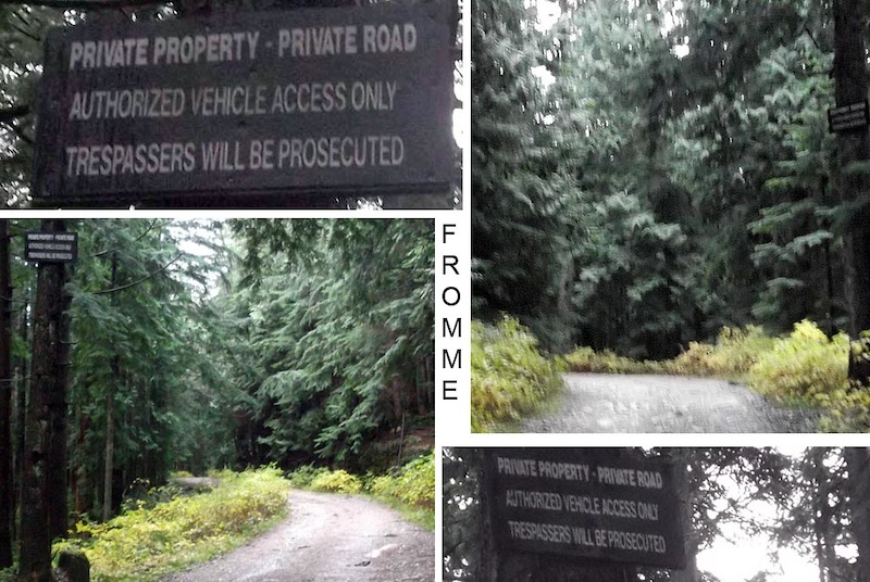 Trespassers will be prosecuted signs on Mountain Highway on Fromme placed by Grouse Mountain.  Locations are at AIr Supply between the 5th and 6th switchback and close to the 7th switchback.