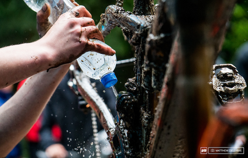 Bike cleaning any way you can in the remote woods.