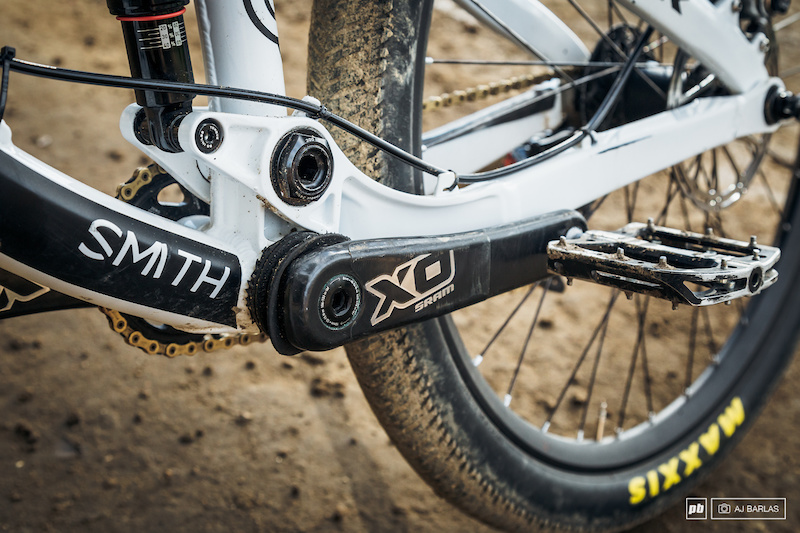 Brandon Semenuk's Trek Ticket S slopestyle bike - rubber around the crank spindle prevents his cranks from spinning too far out of place.