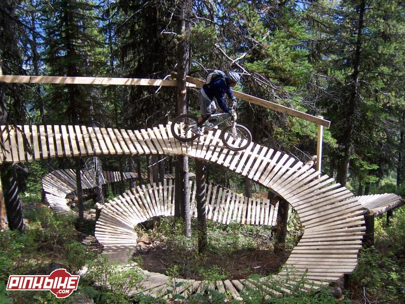 Spiral Tap. The climax to the 2007 summer of trail building for Wood Chuck, Black Crowe and A-Dog at Kicking Horse Mountain Resort.
