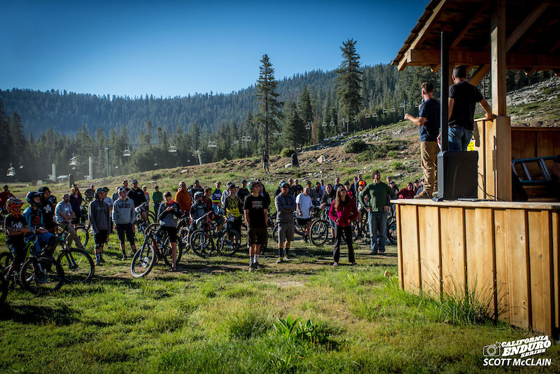 China Peak Enduro race director Nick Cohee and CES director Steve Gemelos share the 411 at the rider meeting race morning.