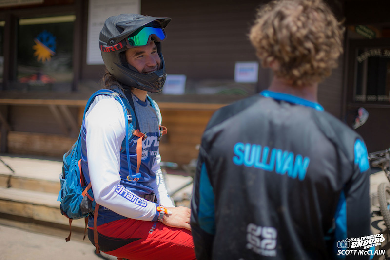 Ryan Gardner Kona and Cory Sullivan Marin comparing race runs at the bottom of Stage 3.