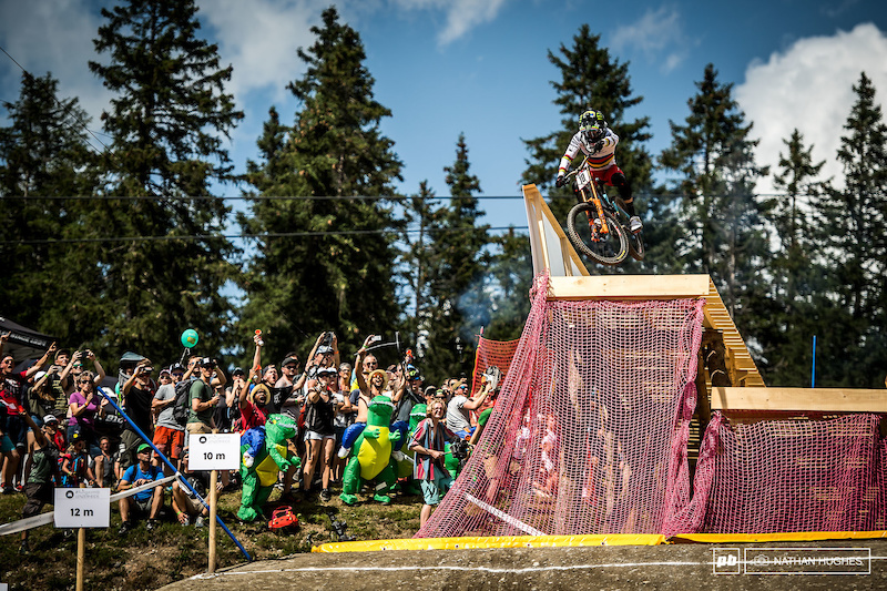 Danny Hart launching of the freeride sender infront of the roaring crowds.