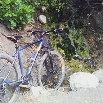 My Scott Aspect 750 in front of a mossy stream that crosses below the trail.