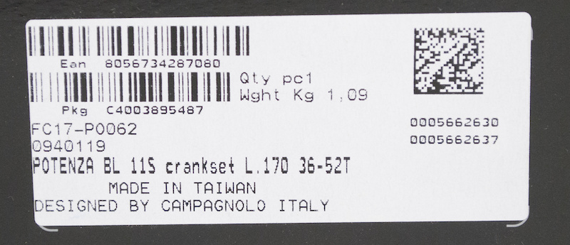2017 CAMPAGNOLO POTENZA 11S road crankset 170mm 52x36T.