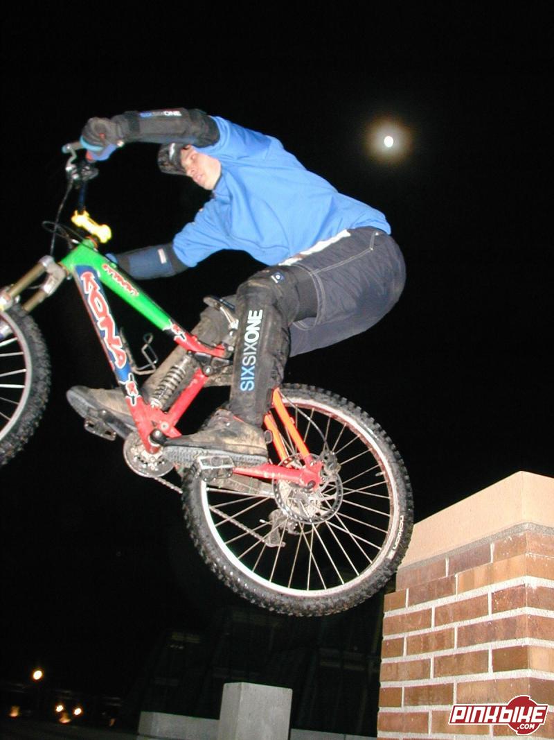 After riding the sketchy wall with high exposure to a deep stair well, we happily dropped the end with the moon looking on in delight. 