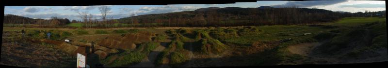 180 degree view of the bike park as seen from the top of the 4' drop.  Splice of 16 photos