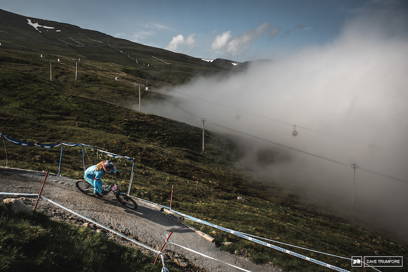 Rachel Atherton about to head into the storm at the top of the track during the mornings training session.