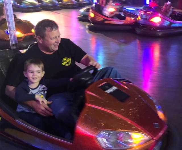 Matty and I chewing up the field on the dodgems