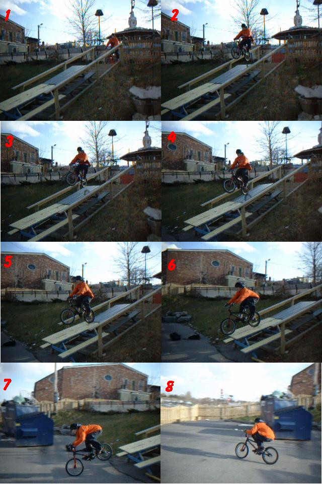 Some stills of Tyler doing a nice bunny hop to some picnic tables with a manual then off, landing was a bit rough but still cool ( St. Catharines Trials & Freeride Crew - http://sctfc.cjb.net )