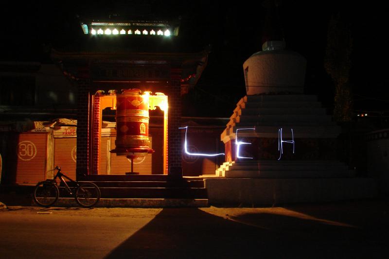 A prayer drum in the city of leh at night....