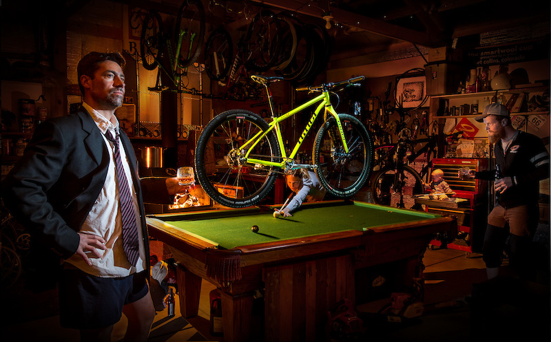 A composite image based on a concept we came up with for the caption "A SIR and a gentleman" to promote the SIR 9 steel hardtail. There is a lot going on in this image and it's a composite of a lot of different shots, all lit and composed seperately with the camera on a tripod.