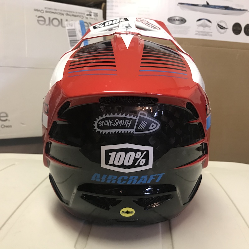 100% Aircraft Blazer Red helmet, size medium, for sale! Helmet has been damaged but is still okay to ride.