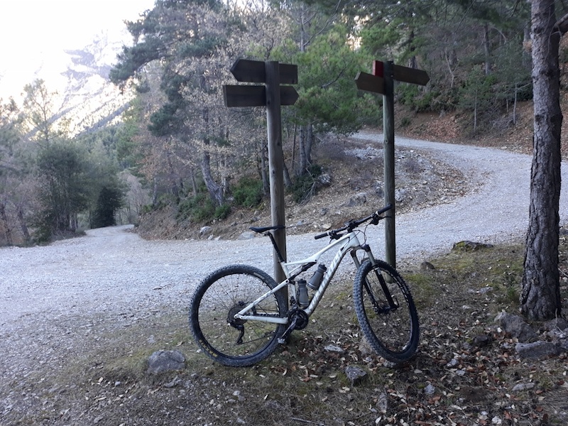 Climbing up the back of the Pena Montenesa on the route the Enduro World Series used back in September when they held Stage 7 of the Championship here. We climbed just over 800m in 8km of fire road. None of it is steep it s just a nice gradual climb.