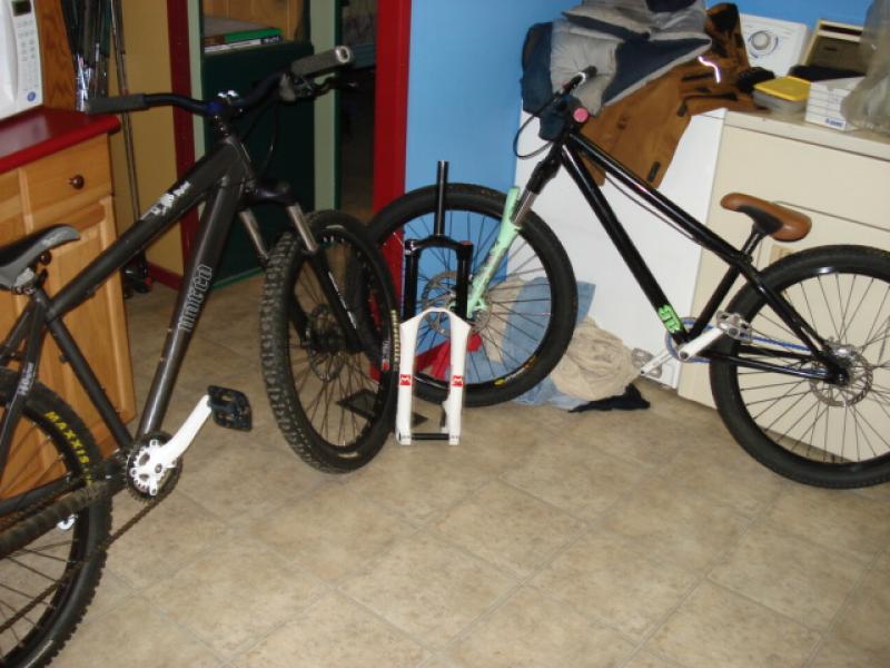 mt bikes, exluding my BMX, in the shop ATM, 2006 norco bigfoot , like new, for sale for 600 shipped, 2006 66 rc2x, never ridden, 600 shipped, and blk mrkt mob 2007 like new, whole bike 2000, frame 500, fork, 500..