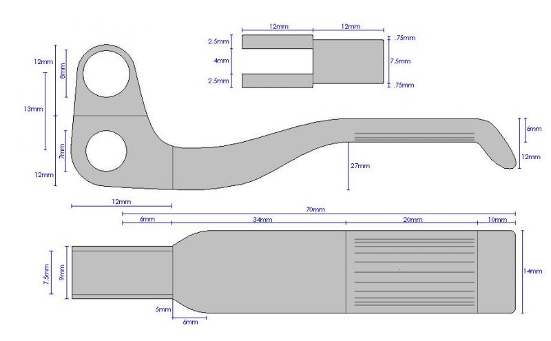 Diagram for the replacement Hope Mono lever for Colin (my Curtis). Features 20mm shorter blade, with one finger operation.