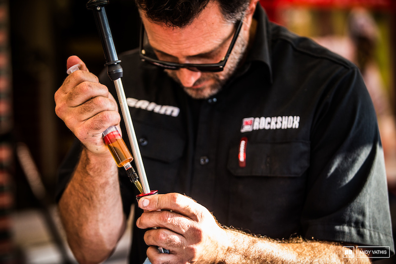 Suspension being lubed and prepped over at SRAM.