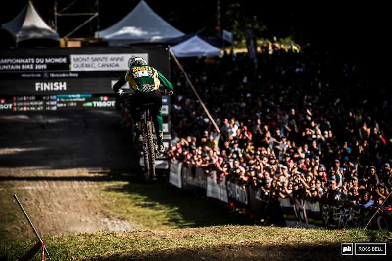 Greg Minnaar charging towards the line at World Champs with green split times, how many times have we seen that before?